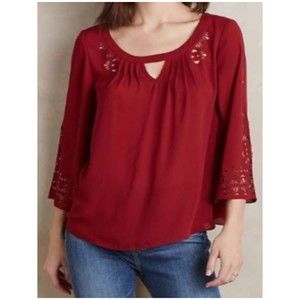 MAEVE Burgundy Red Cutout Neck Laser Cut 3/4 Sleeve Blouse